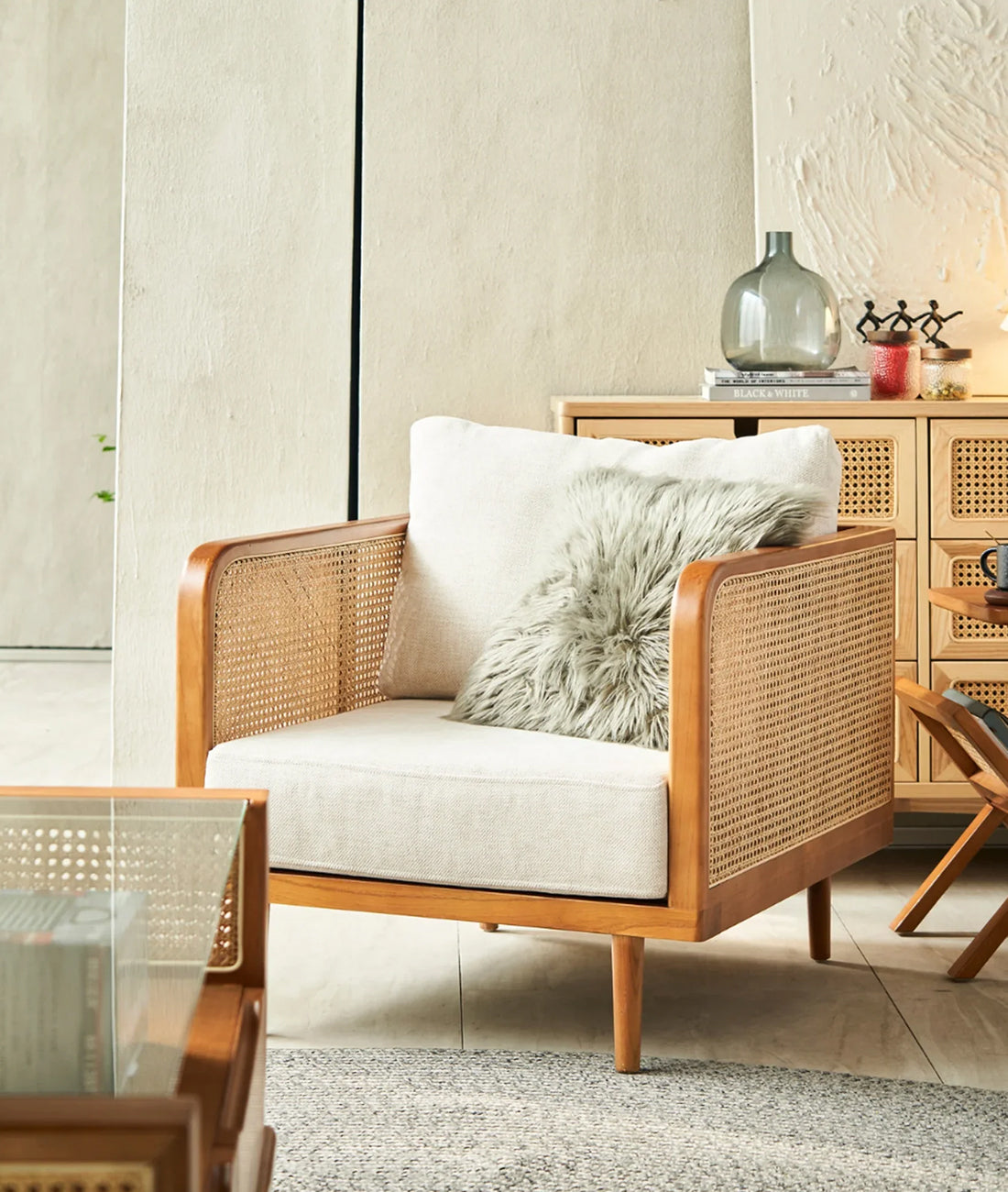 Jenny 1 Seater Sofa - Ash Wood Rattan Single Seater Sofa India