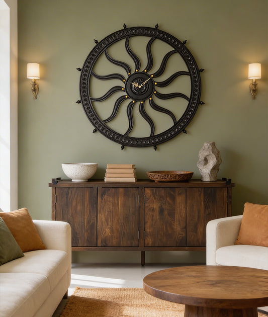 Rajasthani Carved Wall Clock In Teak