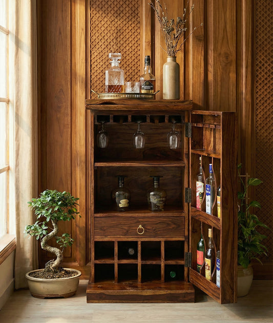 Rajputana Solid Wood Bar Cabinet With Brass Work & Single Door