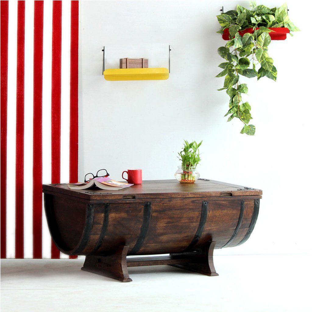 Barrel Shape Solid Wood Coffee Table With Storage - Lakkadhaara