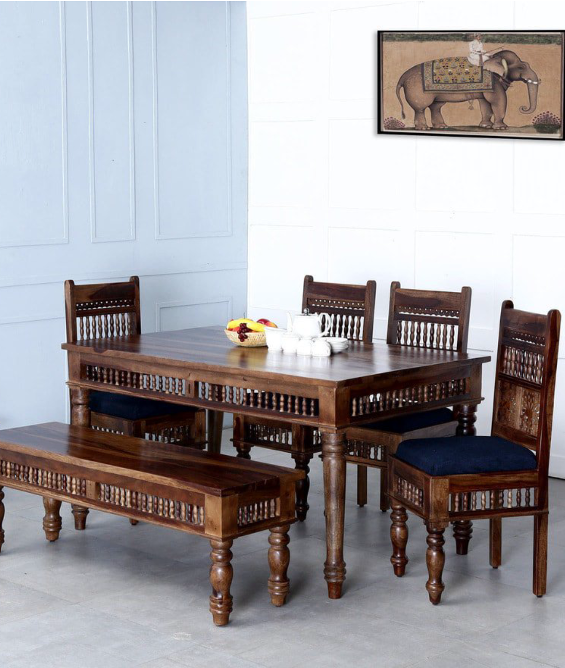 Ghirli Solid Wood 6 Seater Dining Table Set - Lakkadhaara