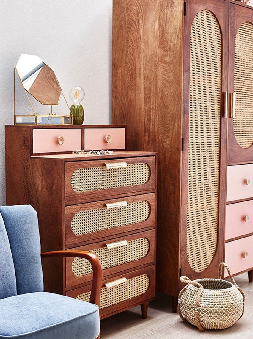 Rattan Solid Wood Tall Chest of Drawer - Lakkadhaara