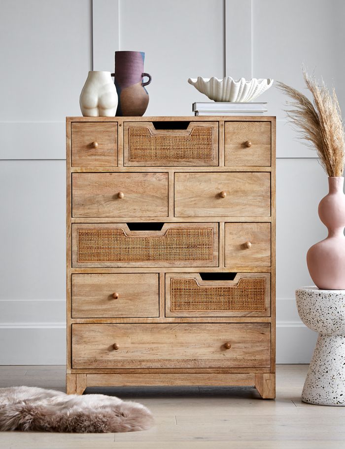 Solid Wood Rattan Ten Chest Of Drawers - Lakkadhaara