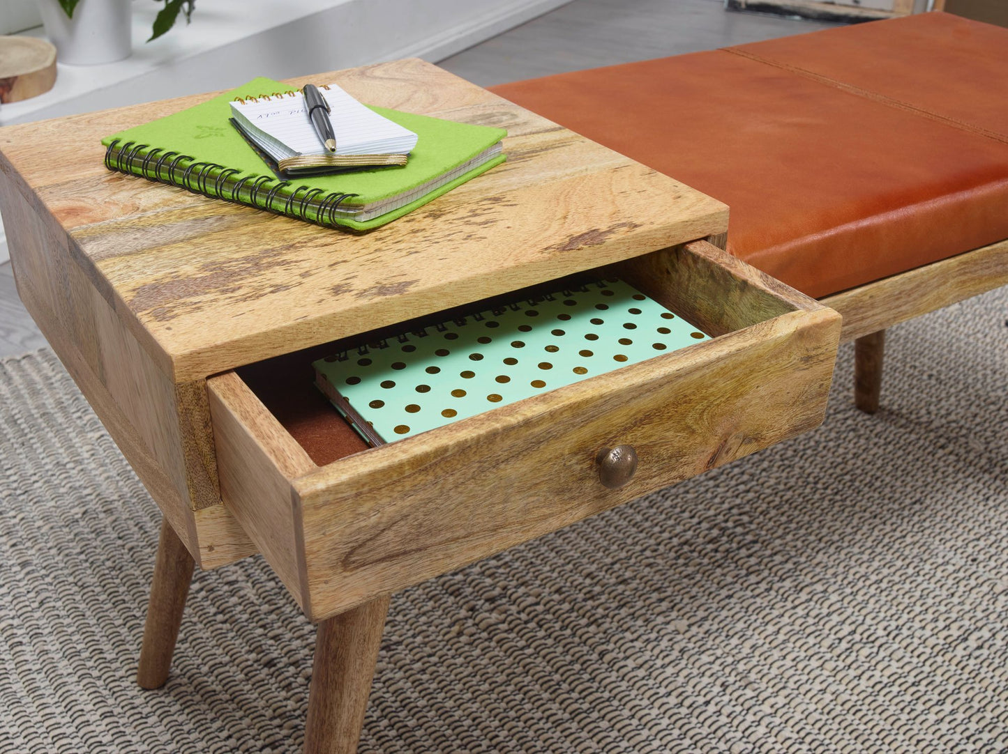 Laon Mango Wood Bench With One Drawer