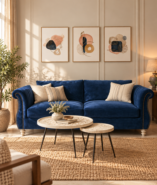 A blue velvet loveseat sofa in a styled living room setting, decorated with striped and textured throw pillows, a round nesting coffee table, and three framed abstract art prints on the beige wall behind it.