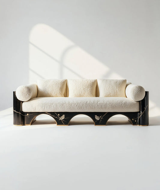 Modern sofa with decorative frame on a white background