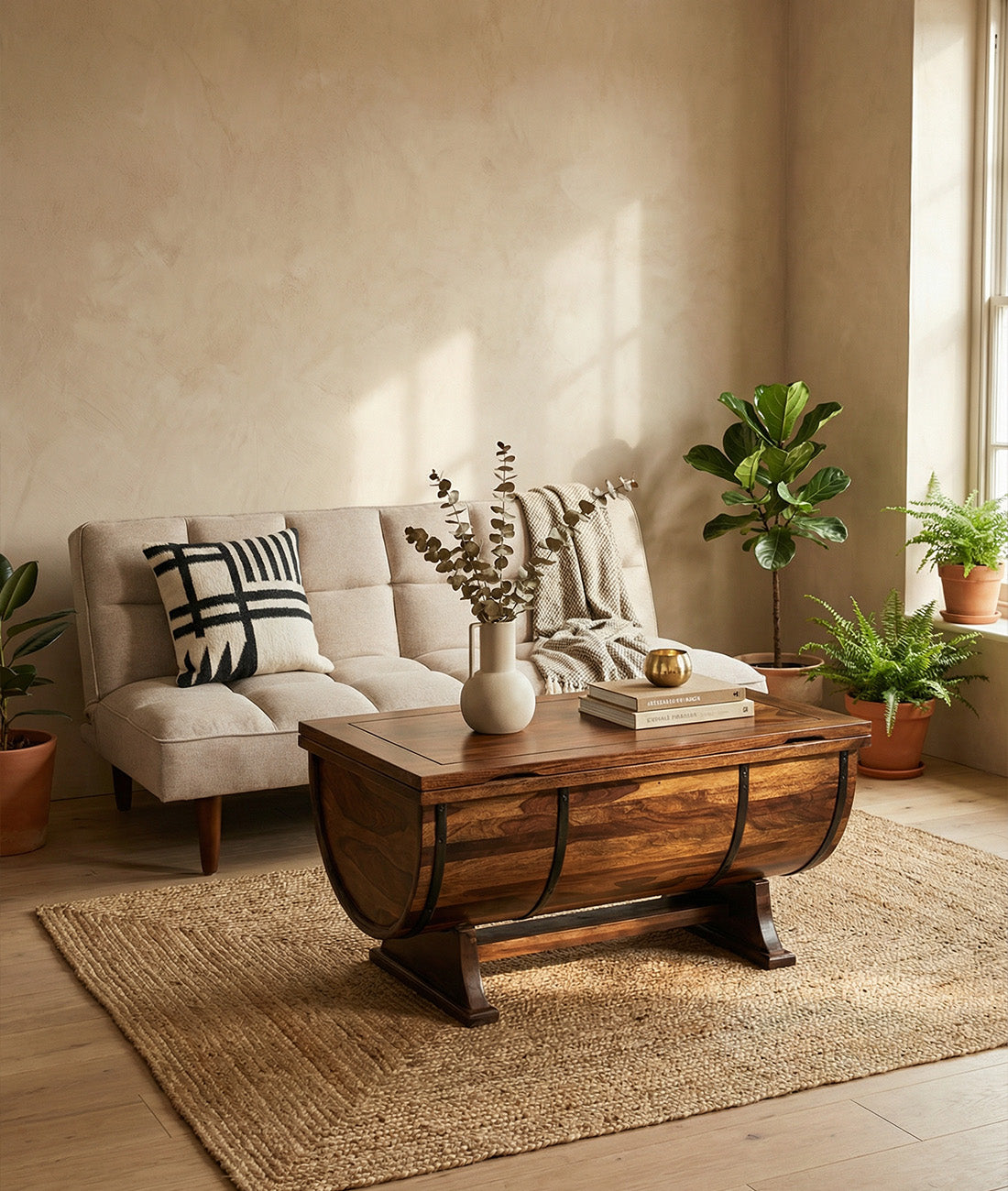 Barrel Shape Solid Wood Coffee Table With Storage