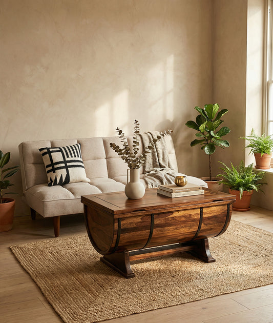 Barrel Shape Solid Wood Coffee Table With Storage