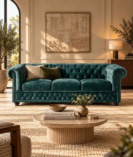 A plush tufted sofa in deep teal velvet, styled in a warm, sunlit living room with neutral and olive throw pillows, a round stone coffee table, and a textured beige rug.