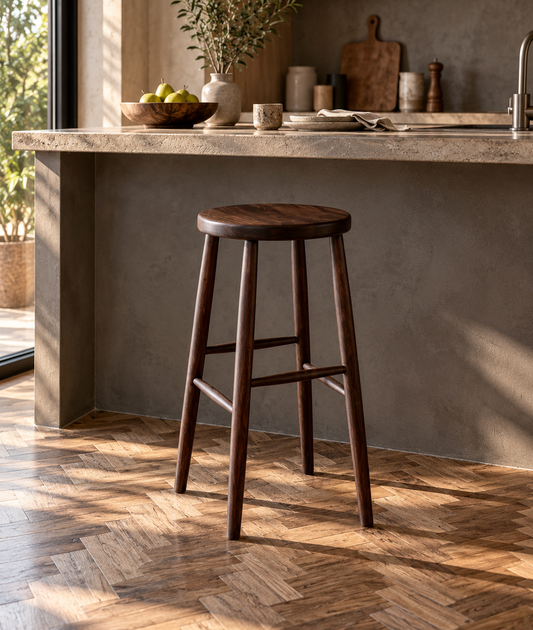 A dark brown wooden bar stool with a round seat and four legs, positioned in front of a concrete kitchen island on a herringbone wood floor.
