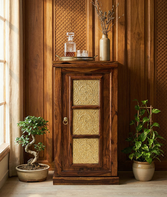 Rajputana Solid Wood Bar Cabinet With Brass Work & Single Door