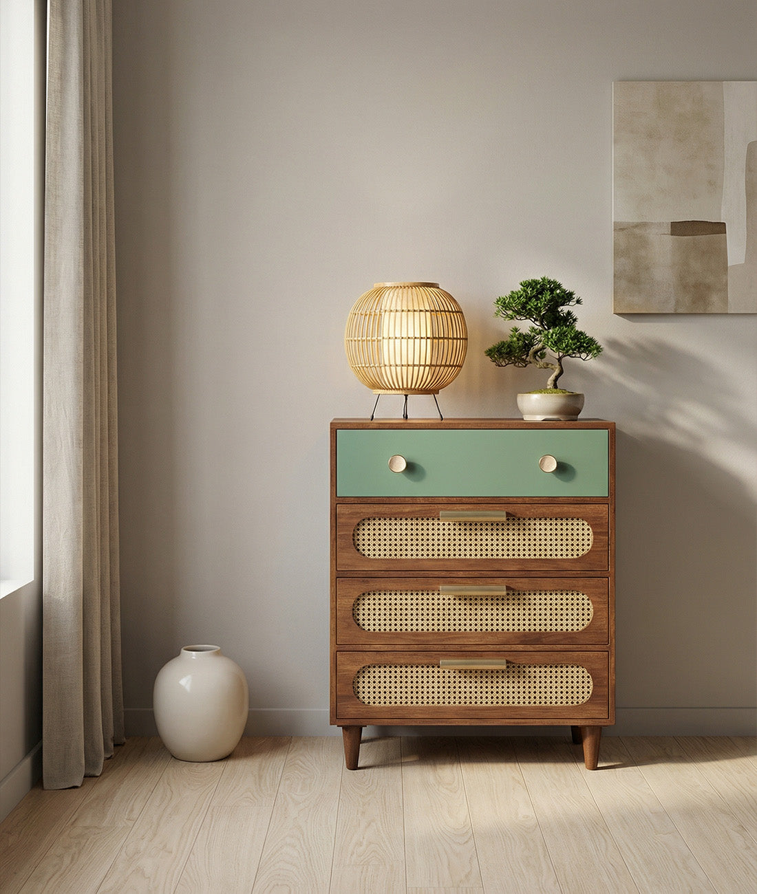 Rattan Solid Wood Small Chest of Drawer front view
