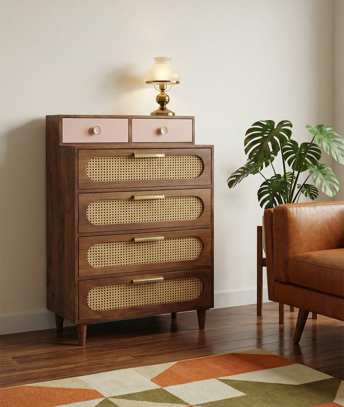 Rattan Solid Wood Tall Chest of Drawer side view
