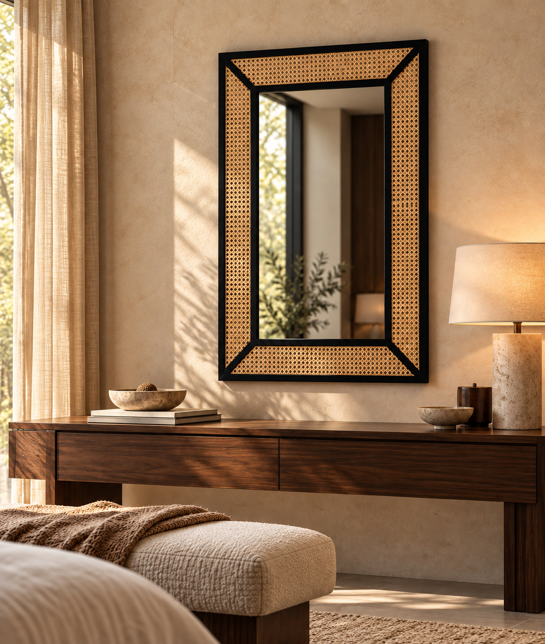 A tall rectangular wall mirror with a black frame and woven cane border, mounted above a dark wood console table in a warm, sunlit bedroom or living space.