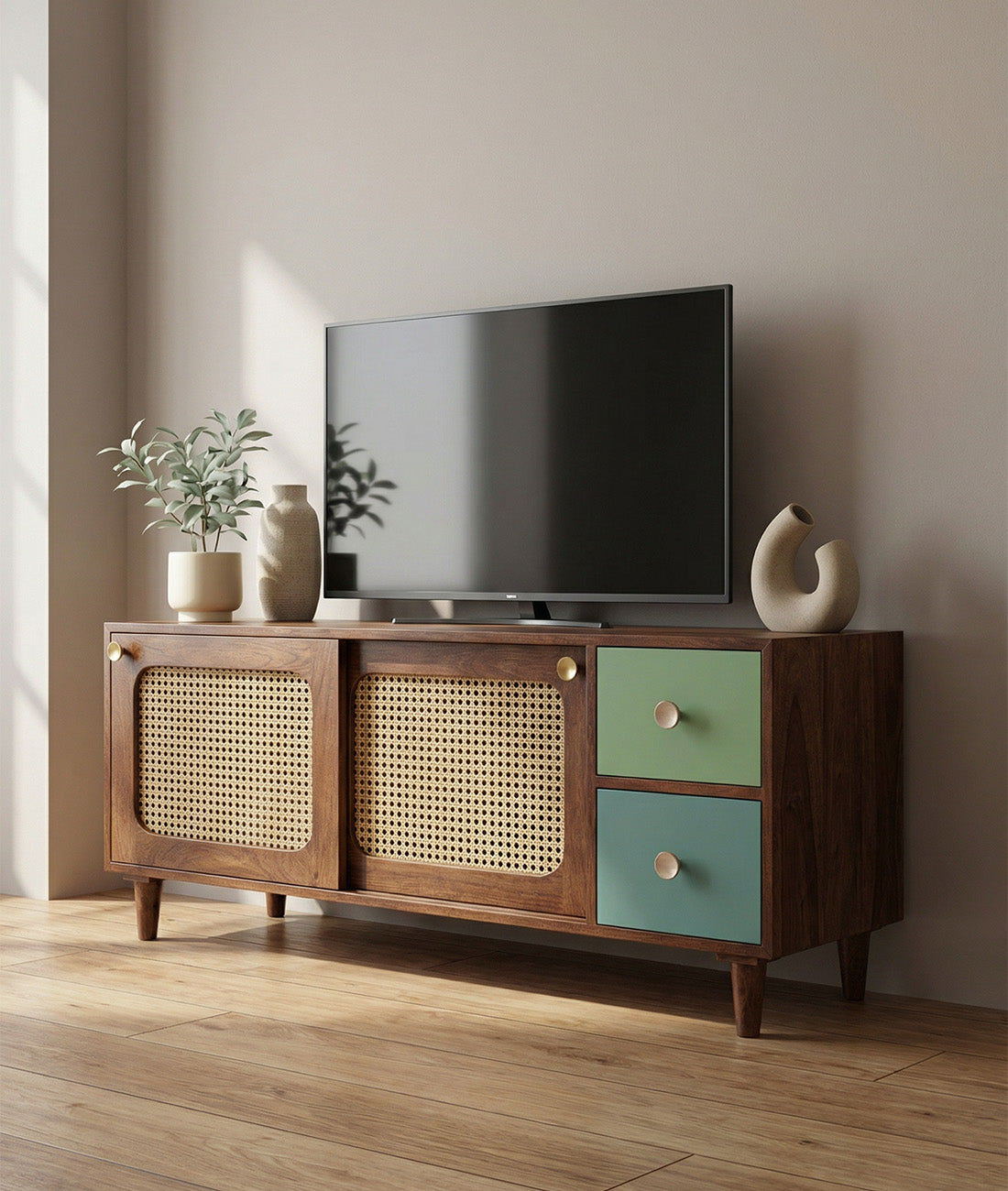 Rattan Solid Wood TV Cabinet
