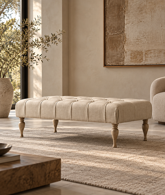 A tufted rectangular ottoman in light beige upholstery with turned wooden legs, styled in a warm, modern living room setting on a textured rug.