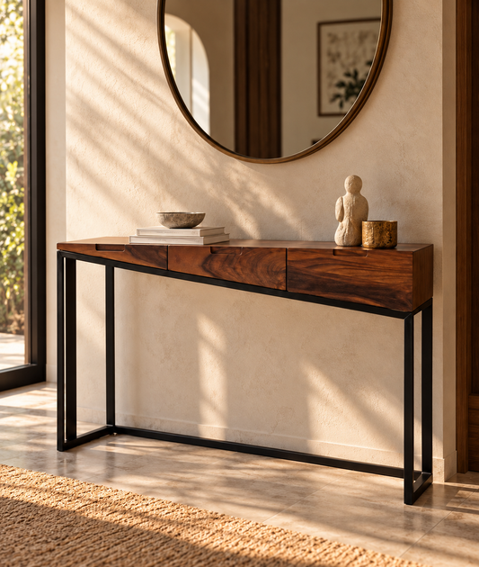 A modern console table with a dark wood top, three drawers, and a black metal frame, styled in a warm, sunlit entryway with a round mirror and decorative objects.