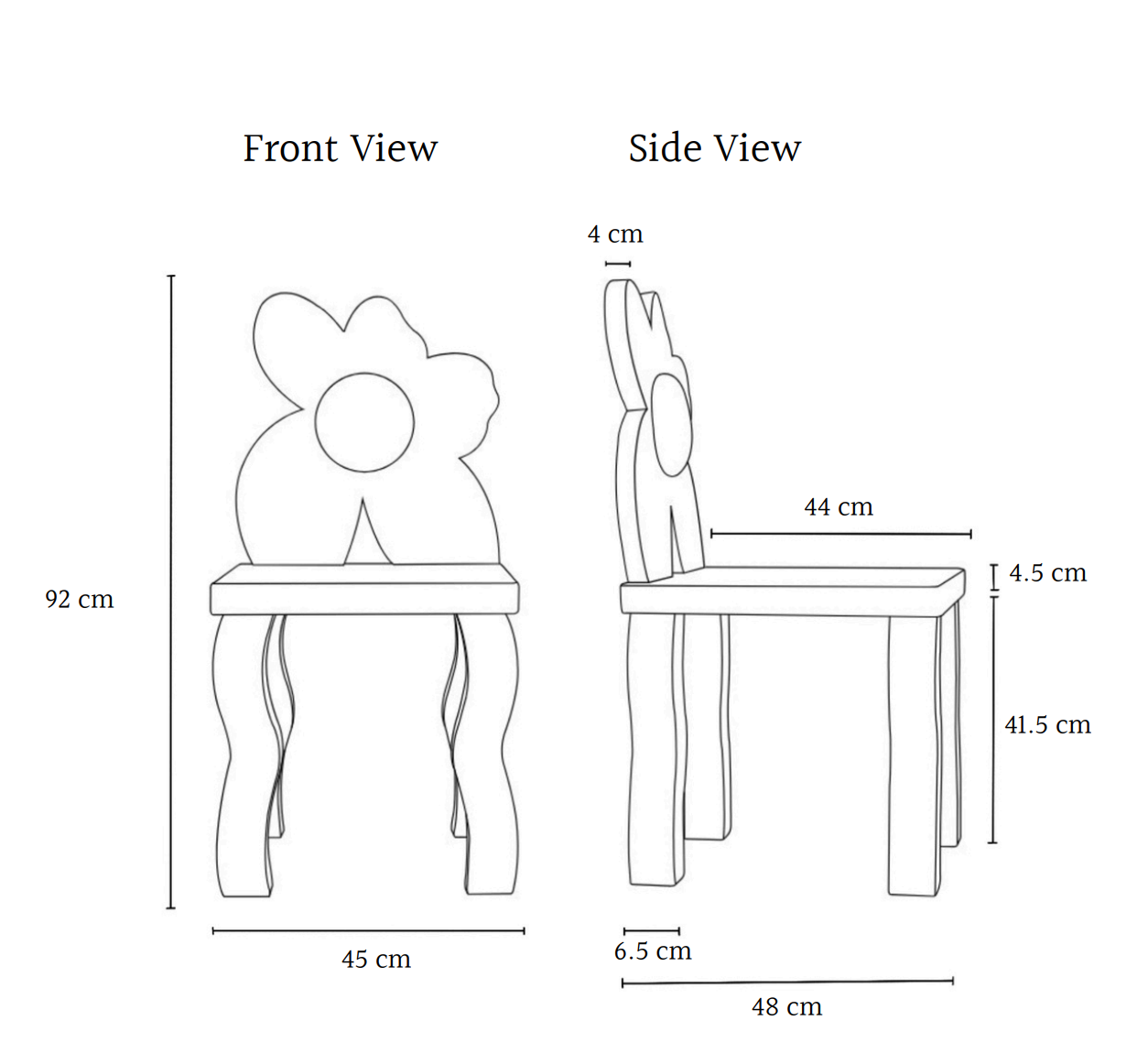 Measurement chart of a chair with dimensions labeled