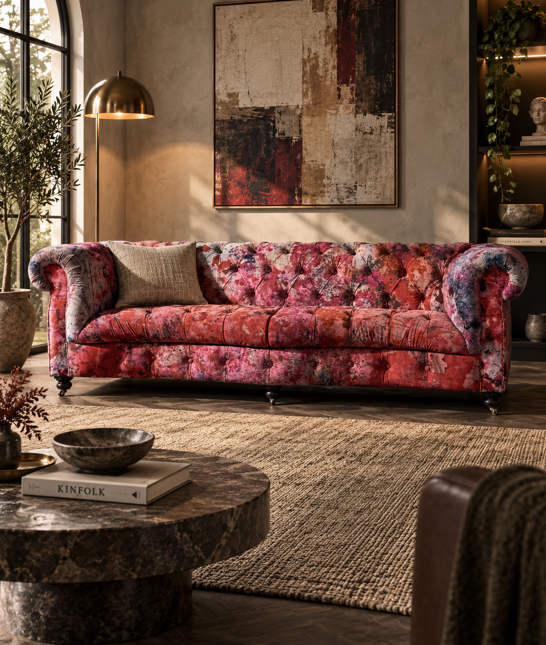 A tufted Chesterfield-style sofa upholstered in a pink, red, and purple floral patterned fabric, styled in a warm, rustic living room with a stone coffee table, woven rug, and abstract wall art.