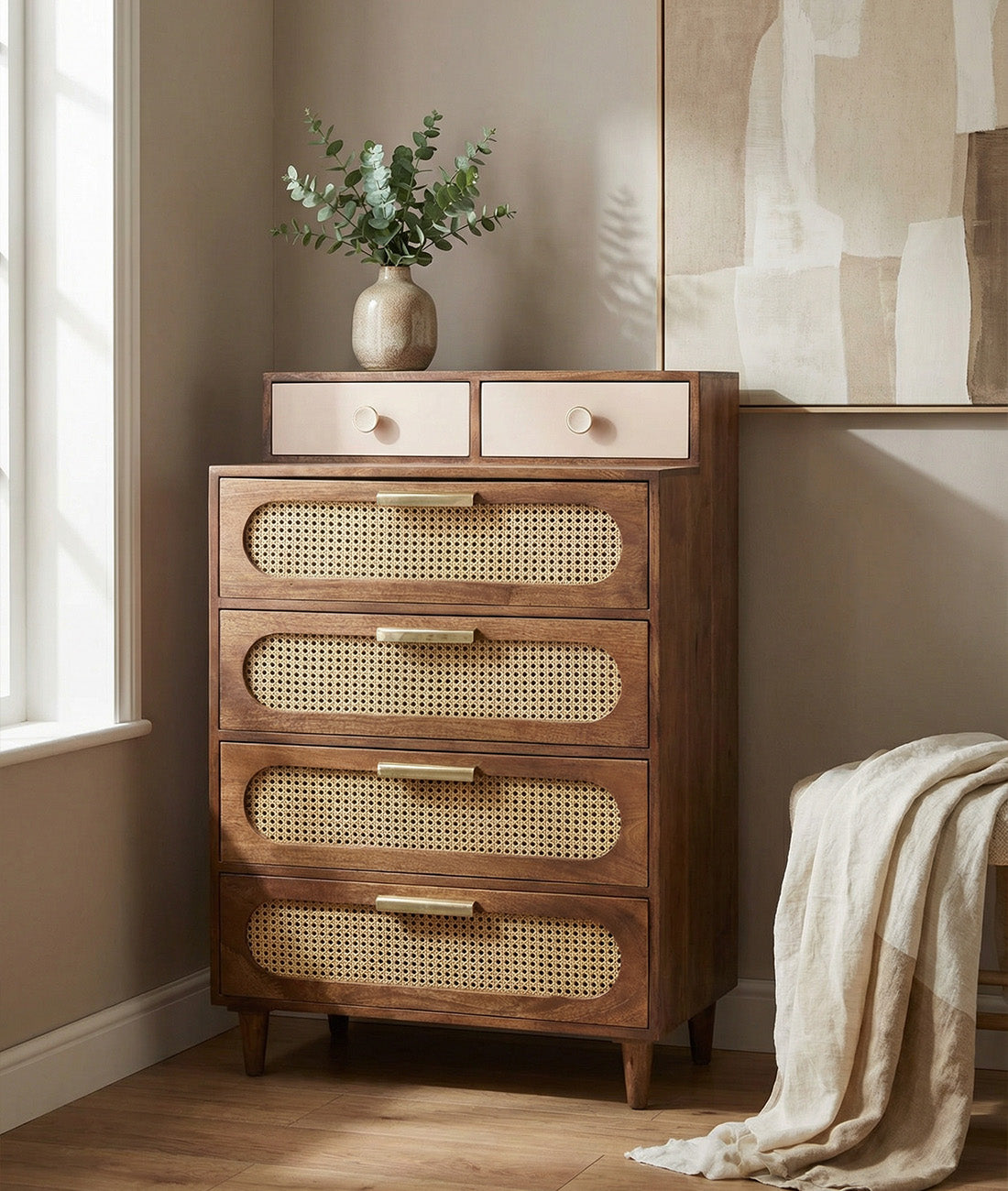 Rattan Solid Wood Tall Chest of Drawer