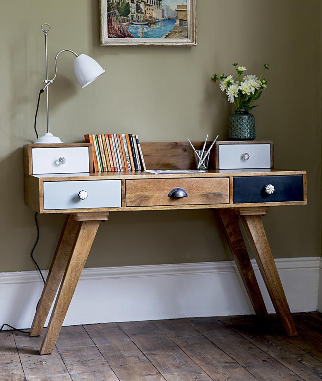 Albany Solid Wood Study Table With Five Drawers - Lakkadhaara