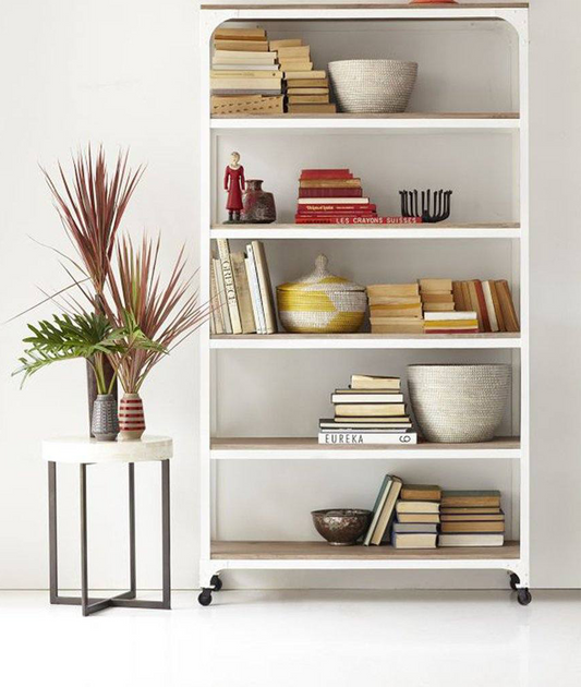 Solid Wood Bookcase With Iron Frame In Stain & White Finish - Lakkadhaara