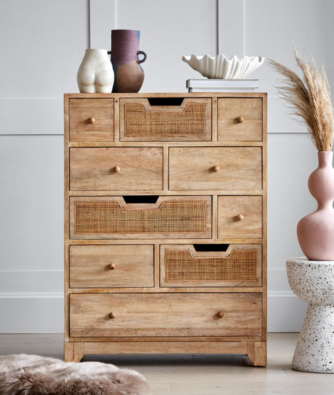Solid Wood Rattan Ten Chest Of Drawers - Lakkadhaara