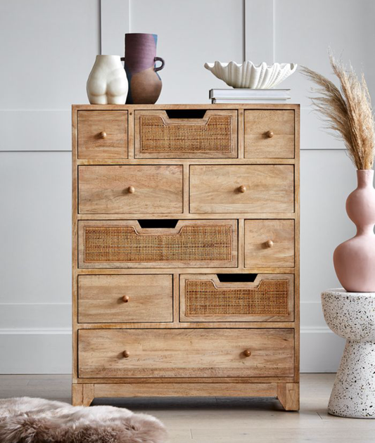 Solid Wood Rattan Ten Chest Of Drawers - Lakkadhaara