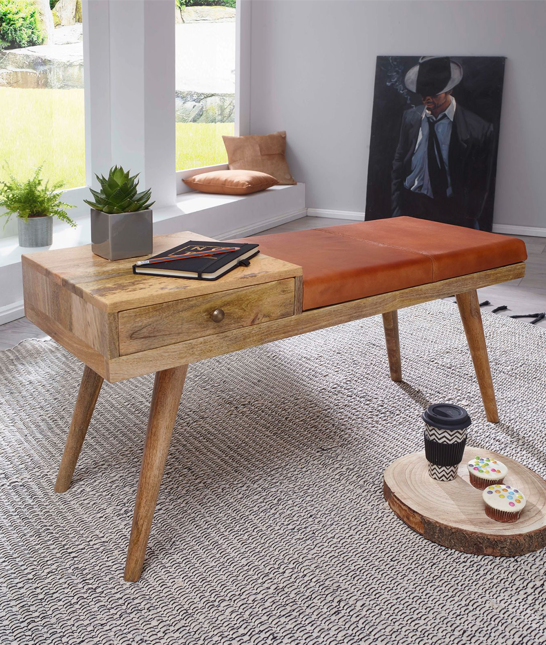 Laon Mango Wood Bench With One Drawer